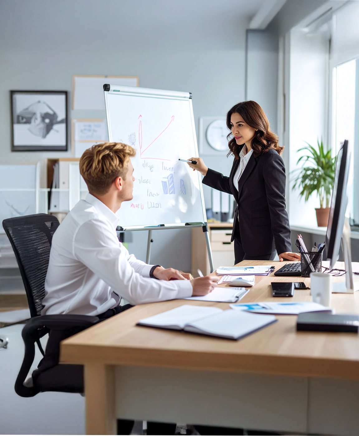 Un femme devant un paperboard qui explique qqc à un autre collègue