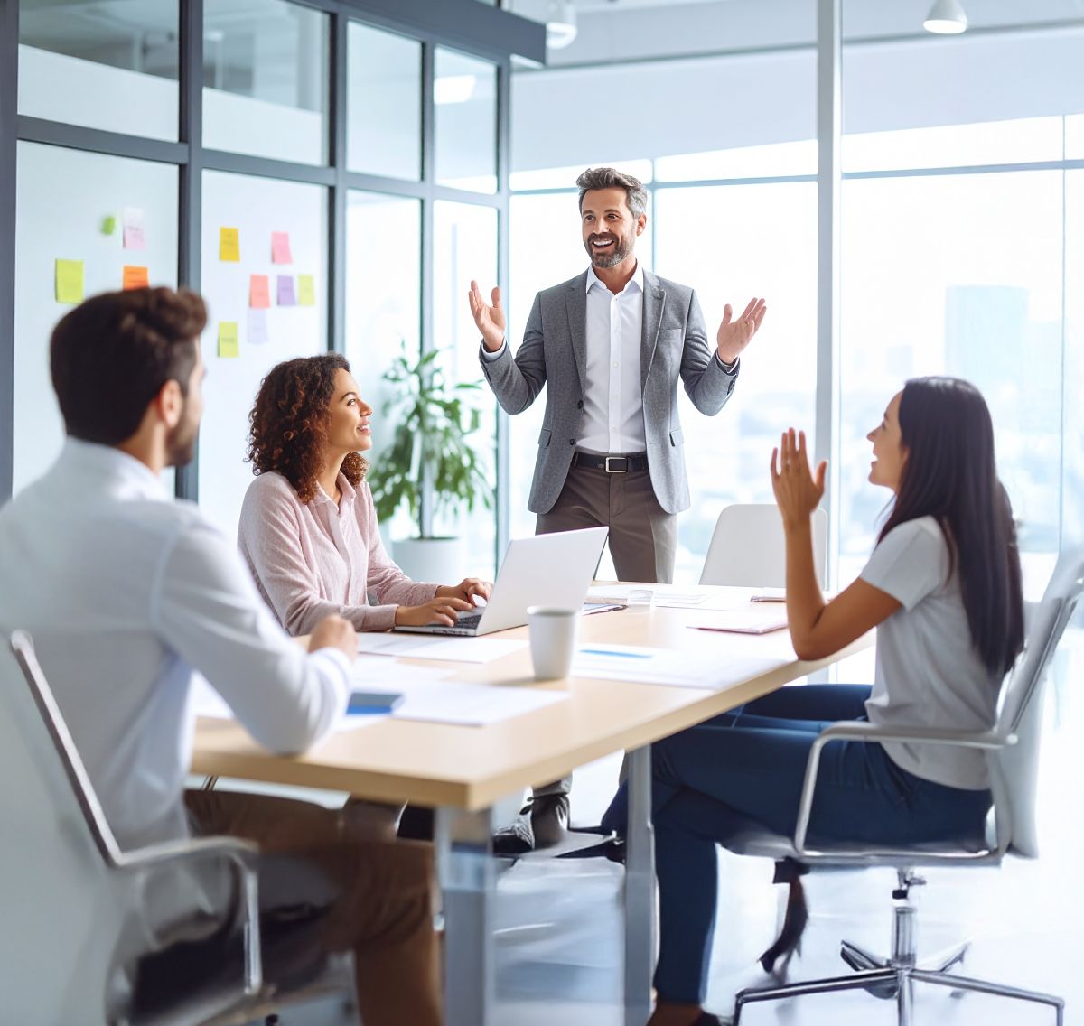 Monsieur débout devant un table en train d'animer une réunion