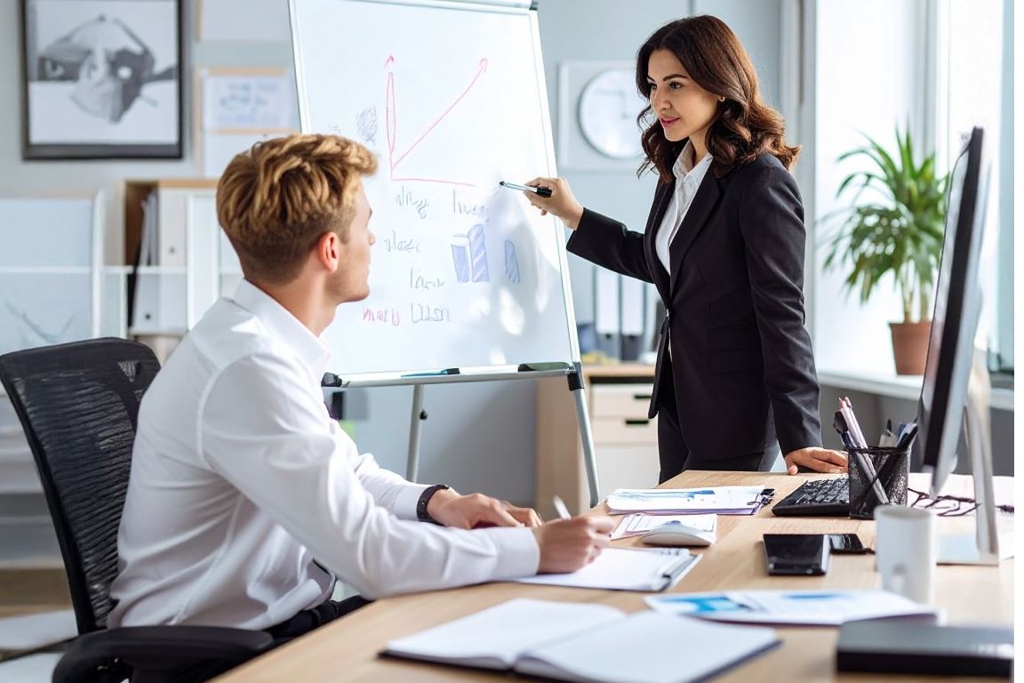 Un femme devant un paperboard qui explique qqc à un autre collègue