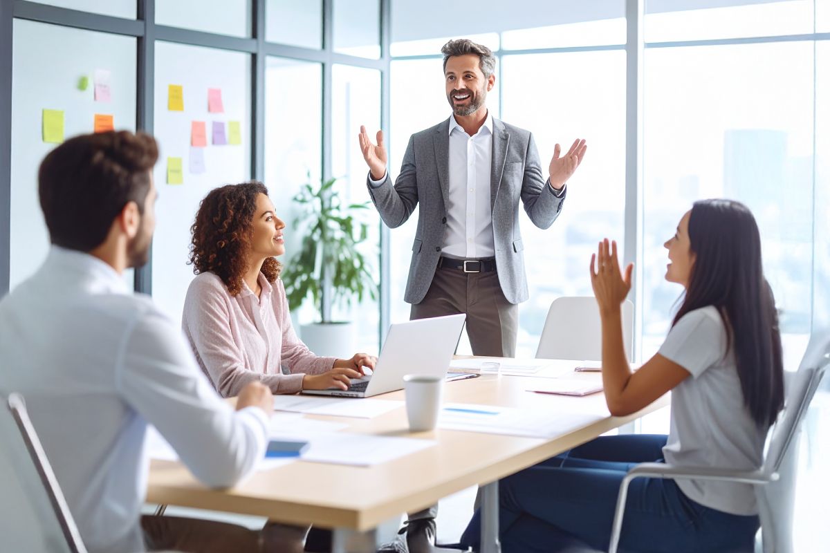 Monsieur débout devant un table en train d'animer une réunion